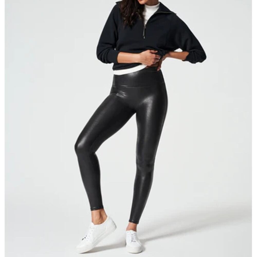 SPANXshape Faux Leather Pull On High Waisted Leggings Black Women's Size Large